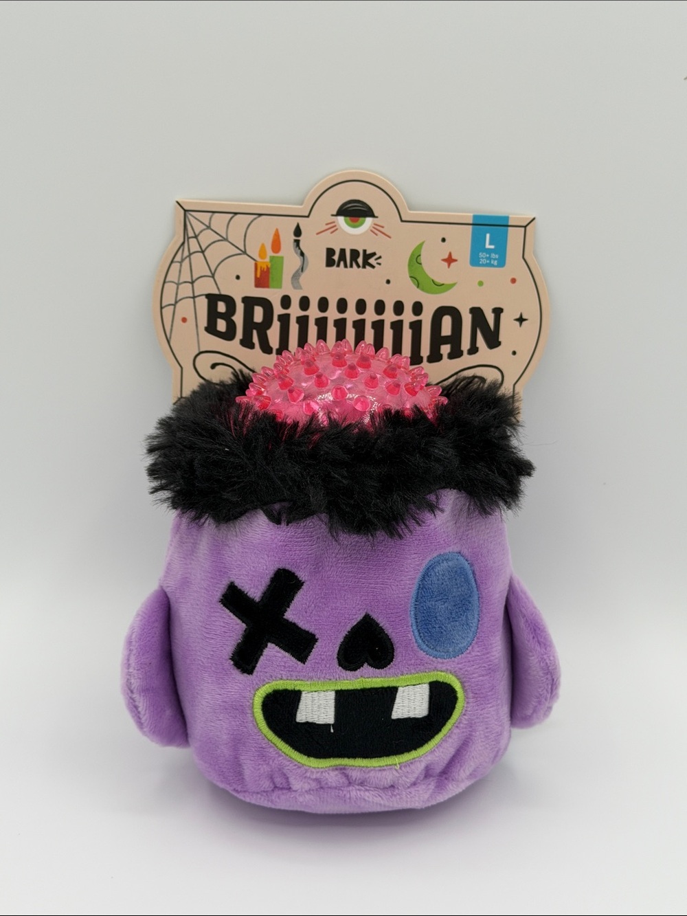 Bark BRiiiiiian Purple Plush Dog Toy with Pink Spike Top and Black Fuzzy Trim
